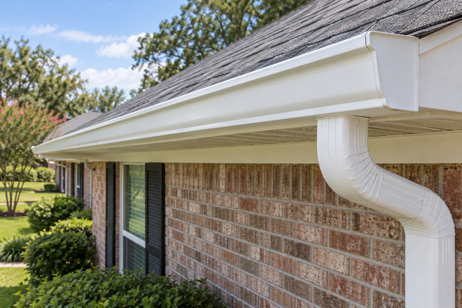 Illustrative clean gutter and downspout on a brick home
